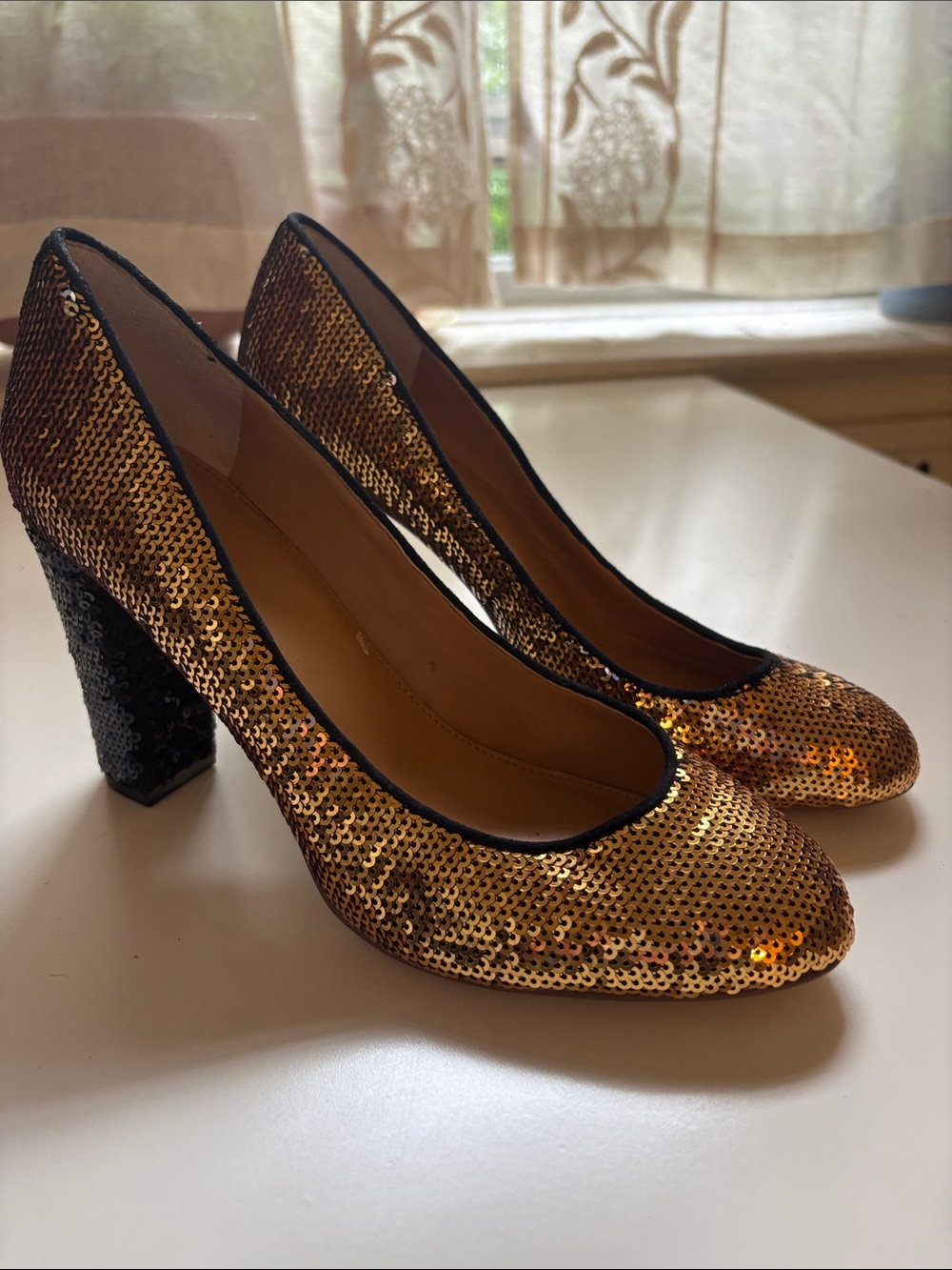 J. Crew Factory Gold Sequin Block Heel Pumps with Black Heel